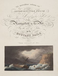 "Things trieded yet" , Milton, frontispice fra "The Aeropleustic Art, or Navigation in the Air, by the Use of Kites, or Buoyant Sails, pub. 1827 (håndfarvet akvatint) af English School