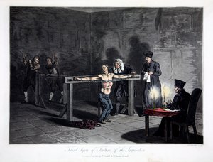 Inkvisitionens tredje grad af tortur, indgraveret af L.C. Stadler, pub. af Cadell & Davies, London, ca. 1813 (farvet gravering) af English School