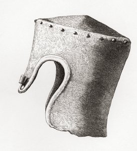 Cylindrical fladtoppet hjelm med nasal, gravet op ved Montgomery Castle i 1841, fra The British Army: Its Origins, Progress and Equipment, udgivet 1868. af English School