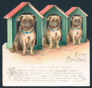Tre hunde i kenneler, julekort af English School