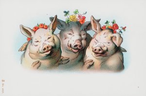 Tre grise med blomster på hovedet af English School