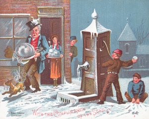 Schneebälle auf den Bäcker werfen, Weihnachtskarte von English School