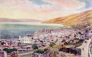 Tiberius og Galilæas Sø, Israel, ca. 1910 (farve litho) af English School