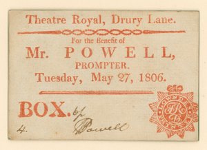 Billet til Drury Lane Theatre, London: For the Benefit of Mr Powell, sufflør, 27. maj 1806 af English School