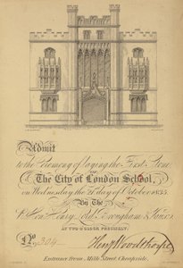 Billet til lægningen af den første sten til City of London School, 21. oktober 1835 af English School