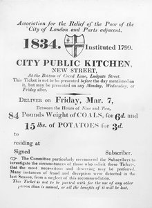 Billet udstedt til de fattige for at modtage kul og kartofler fra City Public Kitchen, New Street, London, 1834 af English School