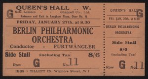 Billet til en koncert med Berlin Philharmonic Orchestra, Queens Hall, London fredag den 27. januar 1928 af English School