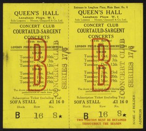 Eintrittskarte zu den Courtauld-Sargent Konzerten, Queens Hall, Langham Place, London, 1939-1940 von English School