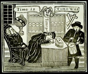 Zeit ist, Zeit war, Kopie einer Illustration aus History of the Learned Friar Bacon verwendet in einer Sammlung von Chapbooks über Esoterik von English School