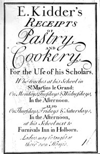 Titelside for E. Kidders Kvitteringer for wienerbrød og madlavning, af Edward Kidder, udgivet ca. 1730 af English School