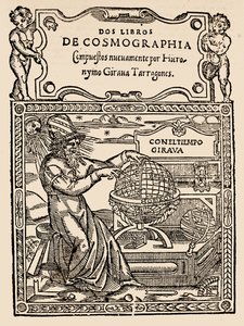 Titelside for Two Books of Cosmography af Hieronymo Girana Tarragones, fra The Narrative and Critical History of America, redigeret af Justin Winsor, London, 1886 (træbloktryk) af English School