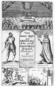 Titelside til den guddommelige ret og originalen af den civile dommer fra Gud, graveret af Edward Gee, 1658 af English School