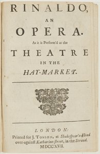 Titelside fra librettoen af Händels opera "Rinaldo", af Giacomo Rossi, 1717 af English School