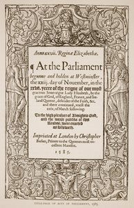 Titelside af Acts of Parliament, trykt af Christopher Barker (1528-99), 1585 (sepiafoto) af English School