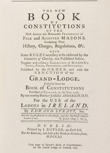 Titelside af Spratts Book of Constitutions for the Grand Lodge in Ireland, 1751 af English School