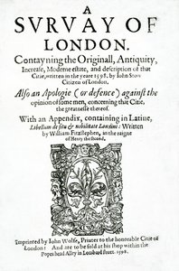 Titelside til A Survey of London af John Stow, udgivet i 1598 (trykt papir) af English School