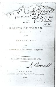 Titelblad for Vinddication of the Rights of Woman af Mary Wollstonecraft, udgivet i 1792 af English School