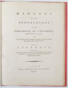 Titelblad til referatet af forhandlingerne ved krigsretten afholdt i Portsmouth, 12. august 1792, udgivet i London, 1794 (tryk) af English School