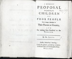 Titelblad til A Modest Proposal af Jonathan Swift, udgivet i 1729 (print) af English School