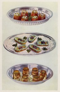 Tomatcreme; ansjosgondoler; rejer i aspic (farvelitografi) af English School