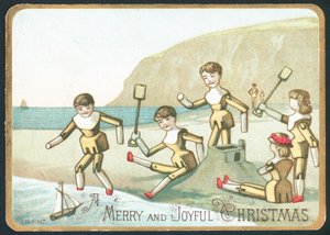 Legetøj leger på stranden, julekort af English School