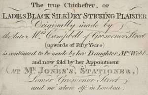 Trade card, den ægte Chichester, eller Ladies Black Silk Dry Sticking Plaister af English School