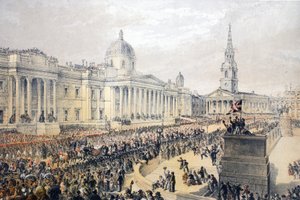 Trafalgar Square, fra A Memorial of the Marriage of Edward VII and Alexandra of Denmark, pub. 1864 af English School