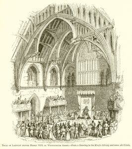 Retssagen mod Lambert før Henry VIII i Westminster Abbey af English School