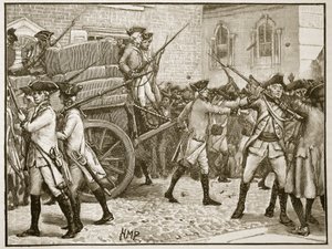 Tropper eskorterer det stemplede papir til rådhuset, New York, 1766, illustration fra Cassells Illustrated History of England (sepiafoto) af English School