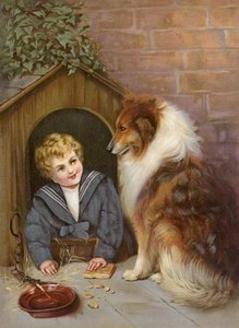 Turned Out - Dreng, der lader som om, han er en collie-hund (farvelitografi) af English School