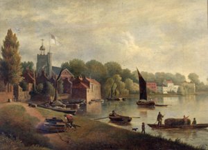 Twickenham-kirken ser nedstrøms, 1800-30 af English School
