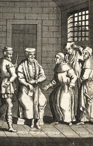 To spanske munke taler med hr. Bradford, illustration fra Foxes Martyrs c.1703 99:Foxes Book of martyrs; John Fox; c17th; Ræve; af English School