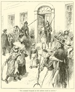 "To beredne kosakker i fuld uniform stod som vagtposter" (gravering) af English School