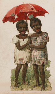 To stakkels sorte børn i ly under en laset paraply (farve litho) af English School