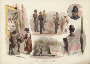 Typer af Londons gadeliv: plakatuddeler, blomstersælger, musikere, tigger, sandwichmand, politimand (chromolitho) af English School