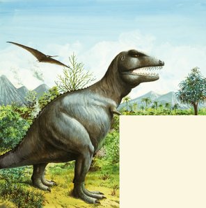 Uidentificeret dinosaurscene med T Rex og Pterodactyl af English School