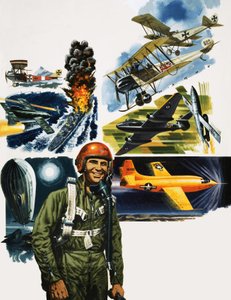 Uidentificeret pilot mod en montage af fly af English School