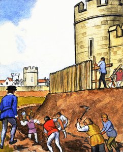 Uidentificeret scene af mænd, der graver voldgrav rundt om slottet af English School