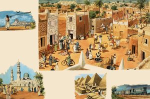 Uidentificerede scener fra Egypten, herunder det gamle Egypten og pyramider af English School