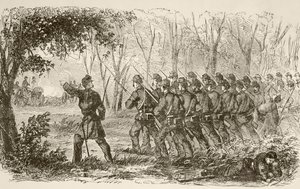 Unionssoldater på plateauet ved det første slag ved Bull Run (litho) af English School