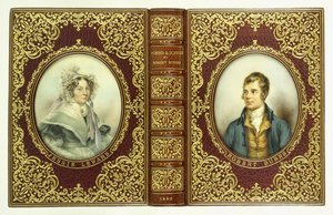 Øvre og nederste omslag og ryg med ovale portrætter af Robert Burns og Jessie Lewars af English School