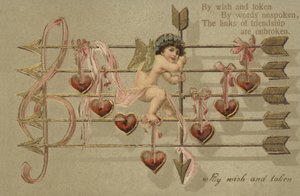 Valentins-kort, der involverer Amor, pil og musikpartitur af English School