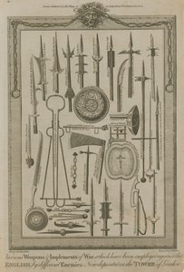 Forskellige krigsvåben og -redskaber af English School