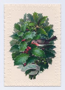 Victoriansk jule- og nytårskort af en rødstrupe i en buket kristtornblade, ca. 1880 (farve litho) af English School