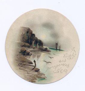 Victoriansk cirkulært nytårskort af et havlandskab med to yachter på en måneskin nat, ca. 1880 (farve litho) af English School