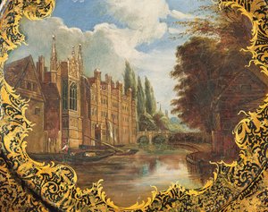 Victoriansk tallerken dekoreret med en scene af St. Johns College, Cambridge, Third Court og dens bro (papier mache) af English School