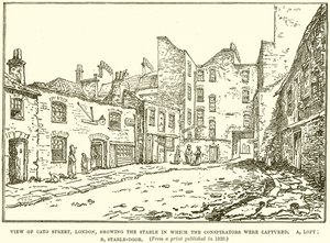 Udsigt over Cato Street, London, der viser stalden, hvor de sammensvorne blev fanget af English School