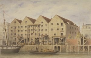 Udsigt over Chamberlains Wharf, Tooley Street, 1846 (wc på papir) af English School