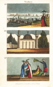 Udsigt over Konstantinopel (Istanbul) i begyndelsen af det 19. århundrede 25, muslimsk moské med kuppel og minareter 26, og unge græske kvinder, der kysser hinanden på øjnene 27 af English School