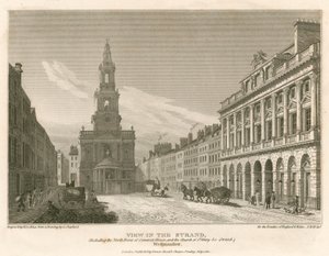 Udsigt over The Strand, inklusive nordfronten af Somerset House og Church of St Mary-Le-Strand, Westminster, London af English School